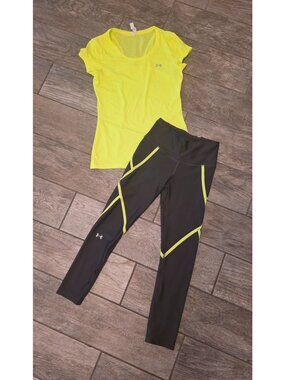 Under Armour Ladies Neon Yellow Shirt Leggings Active Set XS GUC